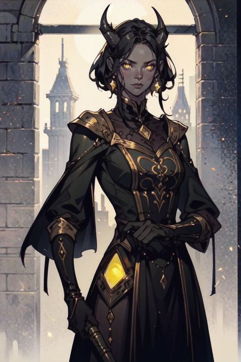 sorcerer tiefling/warlock girl Shadow Tiefling, Sorcerer Outfits Female, Celestial Tiefling, Tiefling Outfit, Warlock Character Art, Dnd Sorcerer Character Design, Warlock Dnd Character Concept, D&d Warlock, Tiefling Warlock Female