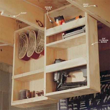 ceiling-joist-shelving-under-home-hidden-storage Overhead Storage Rack, Lumber Storage, Ceiling Storage, Ideas Para Organizar, Attic Storage, Attic Renovation, Attic Remodel, Small Workshop, Shop Storage