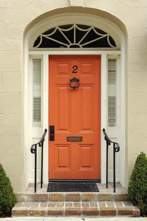 Recover An Ottoman, Charleston Doors, Orange Front Door, Painting Your Front Door, Doors Architecture, Colored Door, Kitchens White, Waterfall Counter, Orange Front Doors