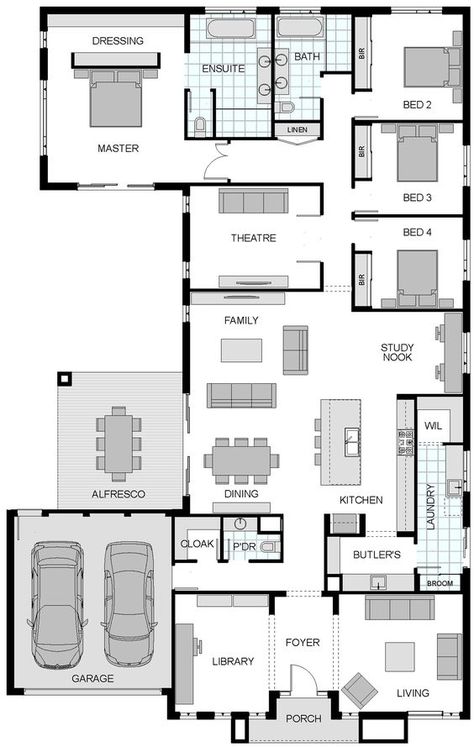 Floor Plan Friday: Huge family home with library or 5th bedroom Home Blueprints Floor Plans 4 Bedrooms, Triple Garage, Nook Dining, Library Space, Pet Room, Open Floor Plan Kitchen, Rumpus Room, Huge Family, Pelan Rumah