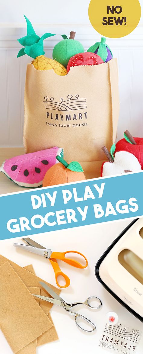 Cricut Pretend Play, Pretend Farmers Market, Felt Grocery Bag, No Sew Felt Toys, Pretend Grocery Store Diy, Pretend Play Food Diy, Diy Pretend Grocery Store Play Food, Toy Grocery Store, Play Store For Kids Diy