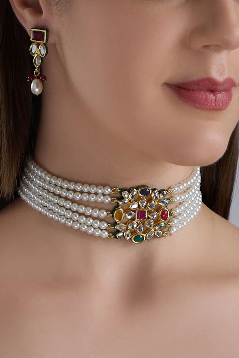 Buy Bead Choker Set by POSH By Rathore at Aza Fashions Choker Sets Indian Jewellery Designs, Gold Kundan Choker Set, Choker Set Design, Navratna Choker, Moti Choker Necklace, Jadau Choker Set, Choker Set Gold, Jadau Choker, Gold Choker Set