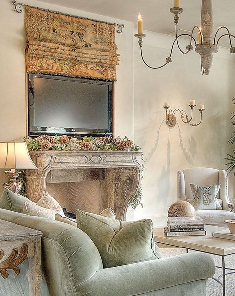 Eye For Design: Stylish Ways To Incorporate TVs Into Your Interiors Cornice Tv, Houston Interior Designers, Hidden Tv, Tv Covers, French Country Living Room, Flat Screen Tv, Country Living Room, French Decor, French Country Decorating