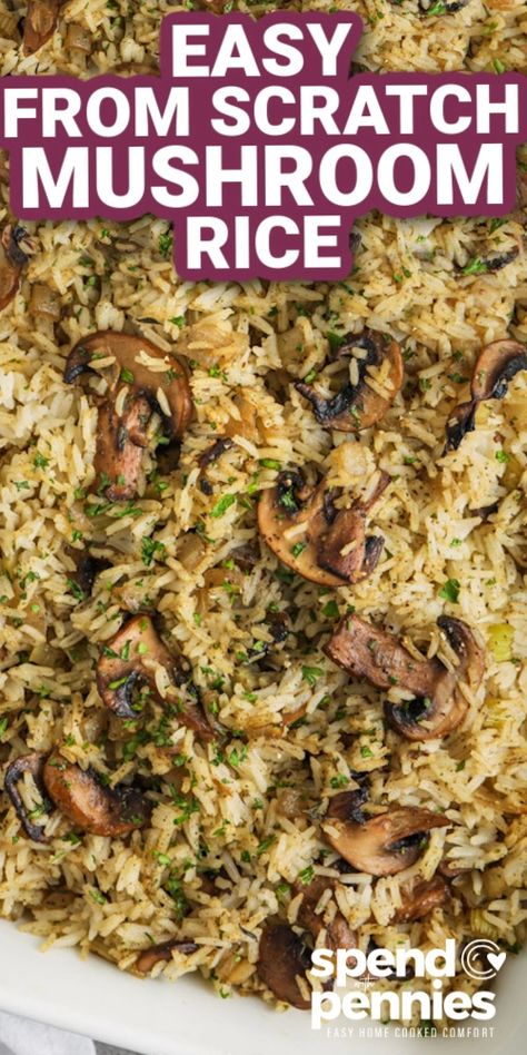 Mushroom rice is made with long grain rice has great mushroom flavor that goes with anything! This easy side dish is a recipe keeper that will be used all year long! #spendwithpennies #sidedish #recipe #mushroom Easy Mushroom Rice Recipes, Rice Pilaf With Mushrooms, Rice And Mushrooms Side Dish, Long Rice Recipes, Mushroom Fried Rice Recipes, Rice Side Dishes For Steak, Best Brown Rice Recipe, Mushroom And Rice Recipes, Long Grain Rice Recipes