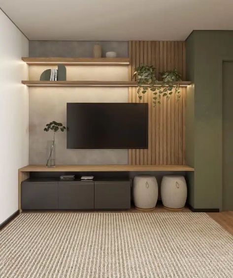 Accent Wall Boho Living Rooms, Wood Slat Wall Behind Tv, Dallas Apartment, Tv Walls, Airbnb Decor, Living Room Wall Designs, Apartment Vibes, تصميم داخلي فاخر, Basement Living