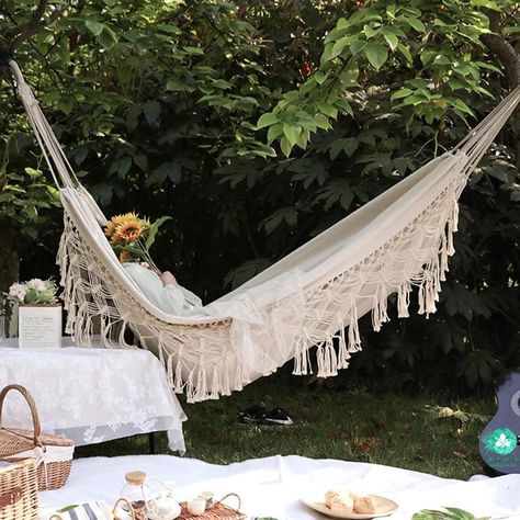 Large 2 Person Hammock Boho Style / Brazilian Macrame Fringed | Etsy Hammock Portable, Canvas Bed, Brazilian Hammock, Indoor Swing Chair, Hammock Netting, Macrame Hammock, Garden Hammock, Stile Boho Chic, Indoor Hammock