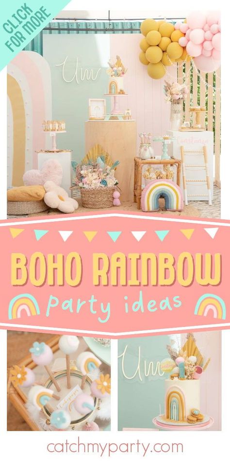 Don't miss this gorgeous boho rainbow birthday party! The cake is amazing! See more party ideas and share yours at CatchMyparty.com Rainbow Adoption Party, Rainbow Birthday Theme, Toddler Birthday Themes, Boho Rainbow Birthday Party, Unique Birthday Party Themes, Boho Rainbow Birthday, Rainbow Party Favors, Sprinkles Birthday Party, Rainbow Themed Birthday Party