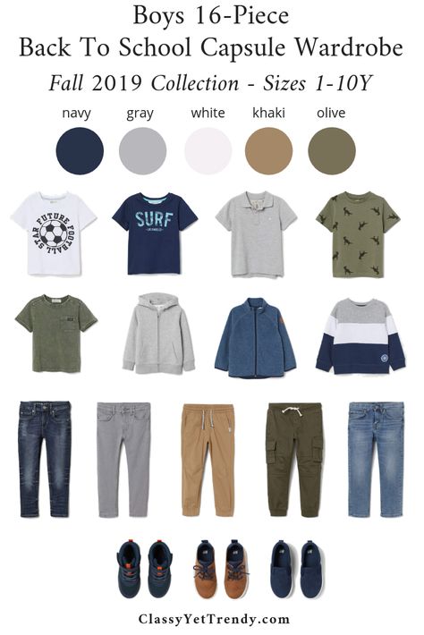 Boys 16-Piece Back To School Capsule Wardrobe: Fall 2019 Sizes 1-10Y + 9 Outfits - Classy Yet Trendy Back To School Outfits For Boys, Boys Fall Outfits Kids, Boys Capsule Wardrobe, Boys Back To School Outfits, Kids Capsule Wardrobe, Kids Outfits Boys, Boy Fashion Outfits, Back School Outfits, Skirt Classy