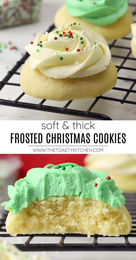 Soft frosted Christmas cookies recipe by The Toasty Kitchen. Make a batch of soft frosted Christmas cookies this holiday season. Thick, soft sugar cookies are topped with a layer of sweet homemade buttercream frosting. The perfect cookie for the holidays, and easy to customize for any time of year. #softsugarcookie #frostedsugarcookie #softfrostedsugarcookie #christmascookie #christmas #buttercreamfrosting #dessert #cookierecipe Frosted Christmas Cookies, Christmas Cookies Recipe, Homemade Buttercream, The Perfect Cookie, Homemade Buttercream Frosting, Soft Sugar, Soft Sugar Cookies, Perfect Cookie, Buttercream Frosting