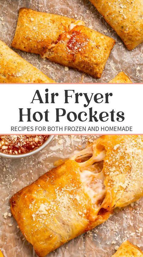 Forget those cardboard sleeves. The air fryer is hands-down the BEST way to get perfect, crispy, crunchy, flaky hot pockets - no matter whether you're cooking them straight out of the freezer or making homemade versions with the kids. We're talking extra crispy crust, evenly hot pizza sauce, and ooey, gooey, melty mozzarella cheese... all thanks to the air fryer. Freezer Air Fryer Recipes, Air Fryer Hot Pockets Homemade, Freezer Hot Pockets, Hot Pocket Recipes Homemade, Homemade Hot Pockets Freezer, Air Fryer Pizza Pockets, Air Fryer Lunch Ideas For Kids, Hot Pockets In Air Fryer, Hot Pockets Homemade