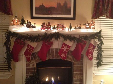 Christmas village mantle by Karen Bentley Christmas Village Mantle, Christmas Village Display Ideas, Village Display Ideas, Village Tree, Village Christmas, Christmas Soldiers, Christmas Mantle Decor, Christmas Village Houses, Christmas Village Display