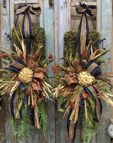 Elegant Autumn Wreaths, Fall Swags For Mantle, Fall Halloween Home Decor, Fall Door Swags Front Porches, Fall Hotel Lobby Decor, Masculine Fall Decor, Elegant Fall Wreaths For Front Door, Fall Mailbox Decorating Ideas, Fall Urns For Front Porch