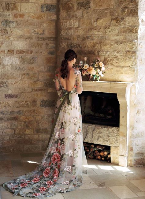 A Fine Art Wedding Dress Sleeves Embroidery, Embroidered Wedding Dress, Claire Pettibone, Dress With Flowers, Boda Mexicana, Alternative Wedding Dresses, Wedding Dresses With Flowers, Floral Wedding Dress, Bateau Neck