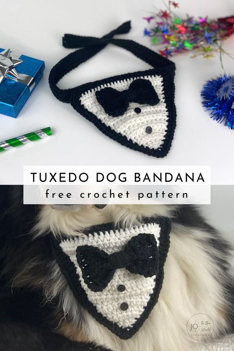 If you’re browsing for free crochet patterns for dogs, check out this free crochet dog bandana and add to the list of crochet dog clothes. This tuxedo crochet bandana is the perfect attire for your pet to celebrate any occasion! Crocheted Dog, Kat Haken, Dog Bandana Pattern, Crochet Dog Clothes, Dog Sweater Crochet Pattern, Dog Tuxedo, Crochet Bandana, Crochet Dog Patterns, Crochet Dog Sweater