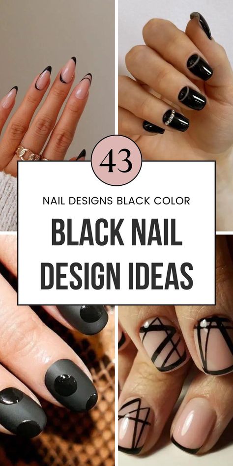 Explore 43 trendy short black nail designs that will make your nails pop. From simple black designs to classy almond shapes, these ideas feature a mix of short gel and acrylic options. Perfect for those who love simple black nails designs or classy nail designs. Save this pin to your beauty board and check them out! Short Simple Nails Almond, Black Nails With An Accent Nail, Nails Black Design Creative, Short Nail Art Inspo Simple, Modern Black Nail Designs, Trendy Simple Nail Designs, Wedding Nails Black Dress, Black Accent Nail Designs, Black Fingernails Designs