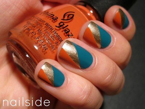 Mani of the Week: Just a Splash of Orange Teal Nails, Fall Nail Art Designs, Geometric Nail, Vernis Semi Permanent, Simple Nail Art Designs, Diy Nail Designs, Fall Nail Art, Orange Nails, Simple Nail Designs