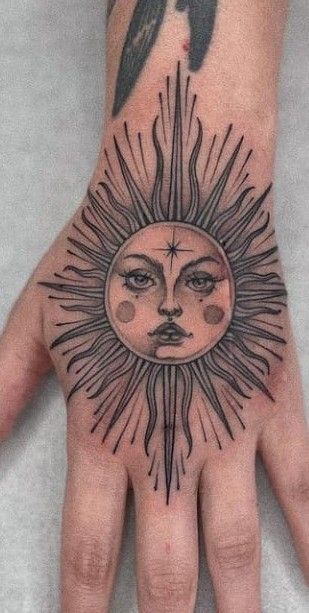 Sun With Third Eye Tattoo, Sun Throat Tattoo, Sun Knee Tattoo, American Traditional Sun Tattoo, Sun Face Tattoo, Traditional Sun Tattoo, Alternative Tattoos, Sigilism Tattoo, Afro Styles