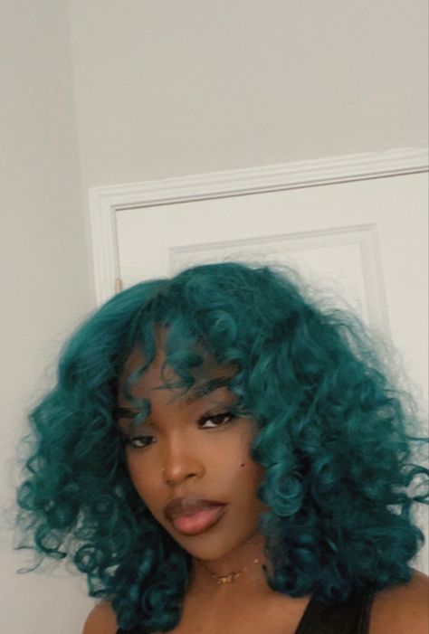 Dark Teal Hair Black Women, Teal Green Hair Color, Blue Green Curly Hair, Blue Green Hair Black Women, Dark Teal Hair Color, Blue And Green Hair Black Women, Turquoise Curly Hair, Turquoise Hair Black Women, Dyed Curly Hair Black Women