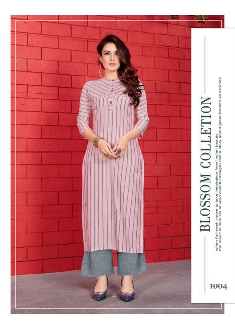 AYUSH MAKHAN MALAI DESIGNER EXOTIC BEAUTIFUL CASUAL VISCOSE RAYON KURTI WITH BOTTOM AT WHOLESALE PRICE Strips Kurti Design, Lining Kurti, Printed Kurti Designs, Indian Kurti Designs, Rayon Kurti, Churidar Designs, Simple Kurta Designs, Designer Kurti Patterns, Kurti Designs Latest