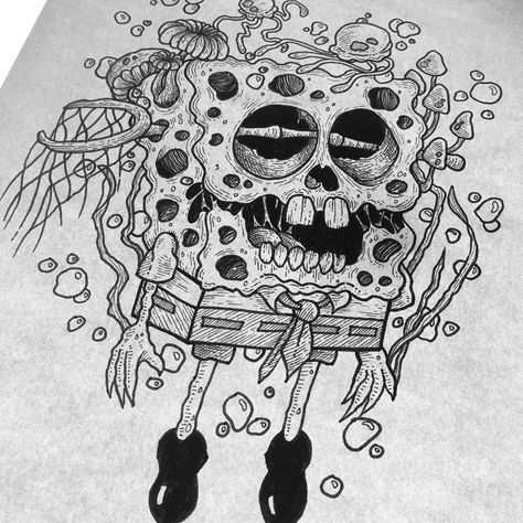 Creepy Sketches, Spongebob Drawings, Scary Drawings, Trippy Drawings, Creepy Drawings, Geniale Tattoos, Black And White Art Drawing, Dark Art Tattoo, Art Tools Drawing