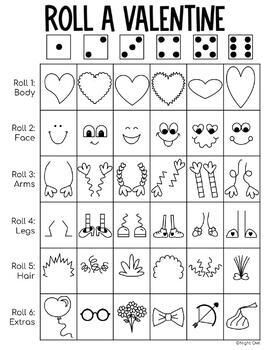 Roll A Valentine Dice Game, Roll A Drawing Game, Roll To Draw, How To Draw Valentines, Roll A Drawing, Roll A Character, Roll A Dice Drawing Games, Valentine Character, Dice Drawing