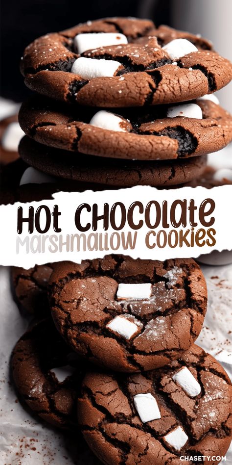 Hot Chocolate Marshmallow Cookies [27 Minutes] - Chasety Festive Baked Goods, Hot Cocoa Marshmallow Cookies, Hot Choc Cookies, Fun Hot Chocolate Recipes, Cookies Made With Marshmallows, Things To Make With Mini Marshmallows, Things To Bake Chocolate, Stuff To Make With Marshmallows, Hot Chocolate Baking Recipes