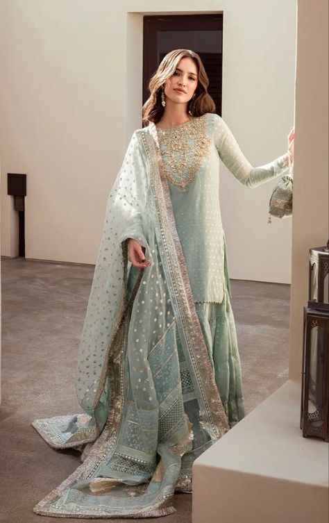 Pastel Pakistani Suits, Barat Outfit Pakistani, Pastel Pakistani Outfit, Kaftan Dress Outfit, Summer Kaftan, Pakistani Formal Dresses, Desi Wedding Dresses, Pakistani Wedding Outfits, Pakistani Fancy Dresses