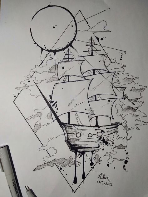 Flying Ship Drawing, Pirate Ship Drawing Reference, Ship Sinking Drawing, Pirate Ship Drawing Sketches, Pirate Ship Sketch, Drawing White On Black, Polaroid Drawings, School Sketches, Pirate Ship Drawing