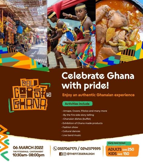 Gold Coast to Ghana – An authentic Ghanaian experience on March 6 in 2022 | Flyer and poster design, Ghanaian, Ghana Independence Poster Design, Cultural Day Flyer Design, Cultural Event Poster Design, Mini Festival, Content Development, Graphics Template, Graphic Design Cards, Music Flyer, Festival Flyer