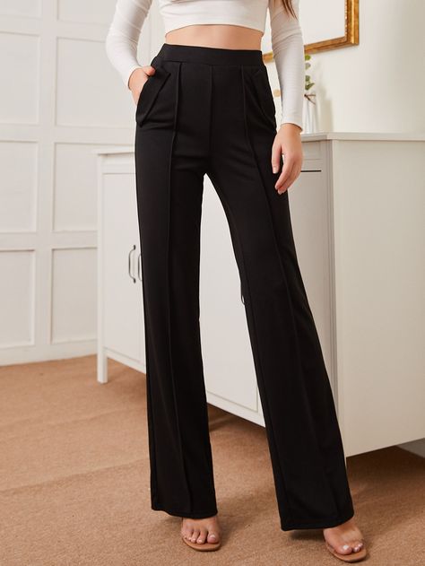 Black Elegant   Polyester Plain Straight Leg Embellished Slight Stretch Spring/Summer/Fall Women Bottoms Black Slacks For Women, Black Slacks Women, Ethereal Dramatic, Slim Pants Women, Formal Pants Women, Black Slim Fit Pants, Black Slim Pants, Meeting Outfit, Boot Cut Pants