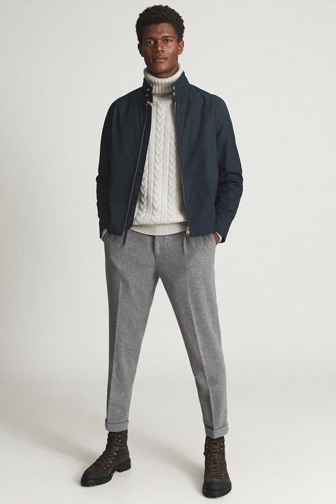 Mens Grey Jacket Outfit, Mens Wool Trousers Outfit, Wool Pants Men Outfits, Men’s Grey Pants Outfit, Dark Grey Trousers Outfit Men, Grey Pants Winter Outfit, Grey Pants Men Outfit, Navy Blue And Gray Outfit, Grey Wool Pants Outfit