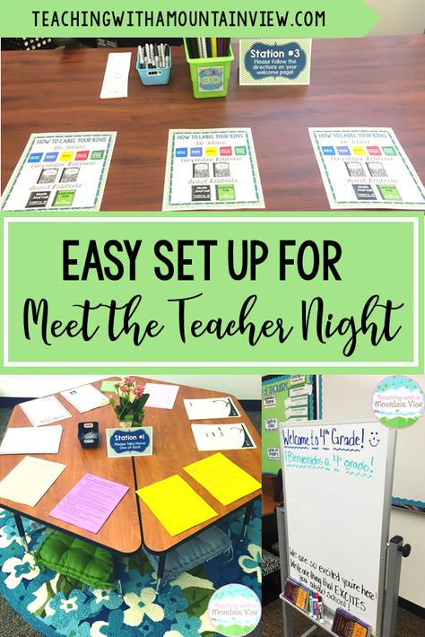 Does your school to a 'meet the teacher' or 'back to school' night? These times are great opportunities to set the stage for learning in your classroom and start positive relationships with the parents in your room. Check out my best no-hassle ideas for #upperelementary Elementary Parent Night Ideas, Back To School Night Parent Stations, Back To School Night Ideas For Teachers First Grade, Meet The Teacher Night Stations, Meet The Teacher Stations Free, Back To School Stations, Parent Teacher Night Ideas, 4th Grade Meet The Teacher Night, Back To School Night Stations