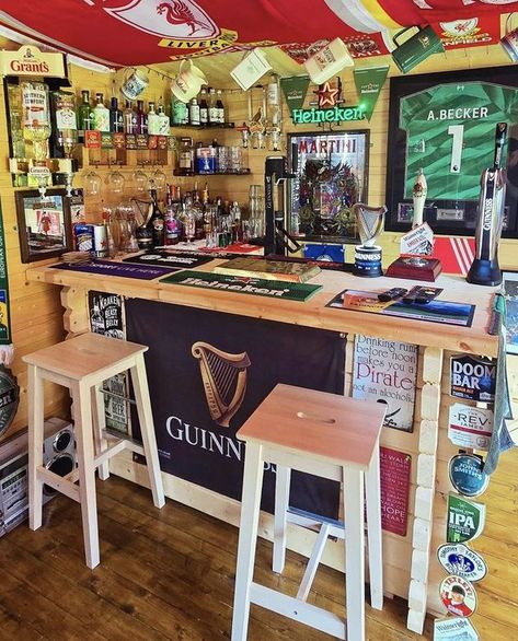 Man Cave, Home Bar, Pub Sheds UK. | Idlers Cabin. Only been up 10 months but really happy with the progress I've made | Facebook Home Irish Pub Ideas, Man Shed Interior Ideas, Man Shed Bar, Grill Shack, Garage Bars, Home Pub Ideas, Mancave Bar, Pub Ideas, Pub Shed