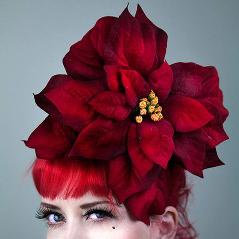 GG's Pin-up Couture Large Velvet Christmas Poinsettia Fascinator Pinup Accessories, Pen Bouquet, Christmas Fascinator, Holiday Headpiece, Christmas Headdress, Christmas Headpiece, Christmas Party Hats, Floral Headdress, Pink Hats