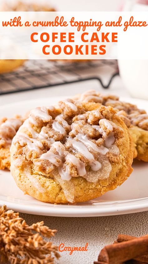 Turn your favorite bakery treats into cookies with these coffee cake cookies. Tender cookies are topped with a cinnamon crumble topping and a sweet glaze, just like a classic coffee cake. Coffee Cake Cookies Crumbl, Crumb Cake Cookies, Coffee Cake Cookies Recipe, Pumpkin Coffee Cake Cookies, Cake Mix Coffee Cake, Cinnamon Crumble Topping, Coffee Flavored Cookies, Coffee Cookies Recipe, Cake Cookies Recipe