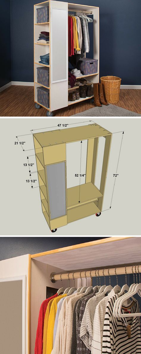 How to Build a DIY Freestanding Closet System | Free project plans on buildsomething.com | Closets are kind of like potato chips. No matter how many you have, it would always be great to have just one more. Of course, finding space for another closet is challenging, if not impossible. That’s why this freestanding closet is great. It provides an extra closet anywhere you need one. Diy Shelves Bedroom, Standing Closet, Free Standing Closet, Open Closet, Freestanding Storage, Closet Organization Diy, Diy Closet, Closet System, Diy House Projects