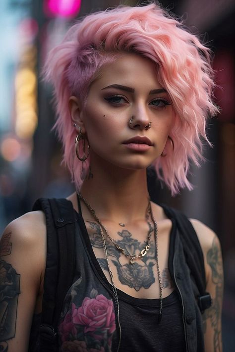 Funky Wavy Haircuts, Punk Haircut Women, Punk Prom Hair, Short Pink Hairstyles, Womens Punk Hair, Fashion Color Pixie Hair, Shoulder Length Punk Hair, Punk Hair Styles Women, Long Pixie Cut With Bangs Choppy Layers