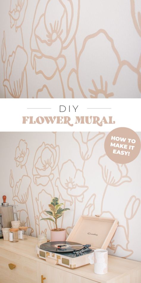 Painted Flower Wall Nursery, Flower Wall Stencil Bedrooms, Diy Wall Mural Nursery, Diy Flower Wall Paint, Diy Flower Accent Wall, Easy Boho Wall Painting Ideas, Bathroom Mural Ideas Diy, Flower Wall Girls Bedroom, Simple Wall Murals Diy Paint Hand