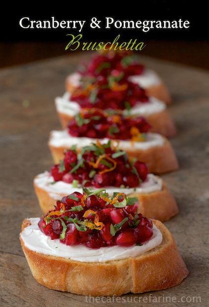 Cranberry & Pomegranate Bruschetta - So fresh, and lovely .... and quick! - thecafesucrefarine.com Cranberry Bruschetta, Cranberry Relish, Serrano Pepper, Thanksgiving Appetizers, Holiday Appetizers, Snacks Für Party, Basil Leaves, Chapati, Christmas Appetizers