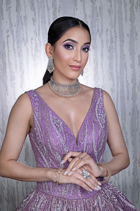 Engagement Makeup by Chandni Singh Lilac Lehenga, Purple Makeup Looks, Lavender Gown, Engagement Mehndi, Engagement Look, Everyday Eye Makeup, Eyeshadow Tutorials, Pakistani Bridal Makeup, Engagement Hairstyles