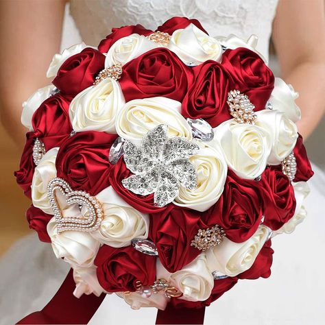 PRICES MAY VARY. 【Size】:Diameter 21cm / 8.3inches approx, height 26cm / 10.2inches approx. This wedding bouquet is perfect to show the beauty, nobleness and elegance of the bride or bridesmaid. Also the handle length is moderate, which is suitable to hold. 【Material】:The rose bride holding bouquet is made of soft and light artificial rose, crystal, satin ribbon which add the bride's grace and beauty, bring a dreamy wedding banquet to you. It's durable and can be keep longer than fresh flowers. 【 Bridal Rose Bouquet, Bride Holding Bouquet, Holding Bouquet, Pearl Ribbon, Arte Aesthetic, Red And White Weddings, Crystal Bouquet, Wedding Wine Glasses, Red Bouquet Wedding