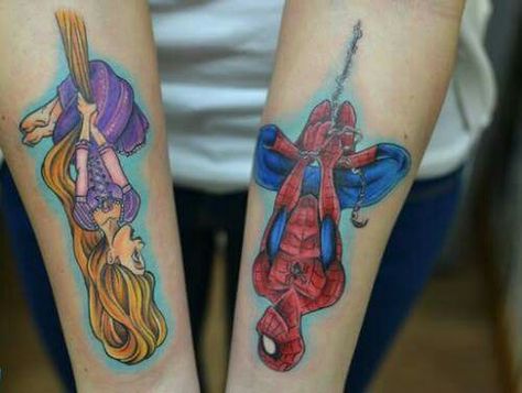 Princess & Superheros Couples Tattoo Quotes, Princess Tattoo Ideas Daughters, Dorky Tattoos, Dad Daughter Tattoos Matching, Duo Tattoos, Rapunzel Tattoo, Matching Disney Tattoos, Sharpie Tattoo, Groot Tattoo