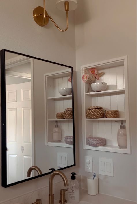 Girl’s bathroom update. Easy DIY Shallow Medicine Cabinet, Recessed Bathroom Medicine Cabinet, Open Shelf Medicine Cabinet, Bathroom Wall Cabinet Makeover, Updating Medicine Cabinet Mirror, Alternative To Medicine Cabinet, Replace Medicine Cabinet With Shelves, Medicine Cabinet Niche Ideas, Recessed Medicine Cabinet Makeover