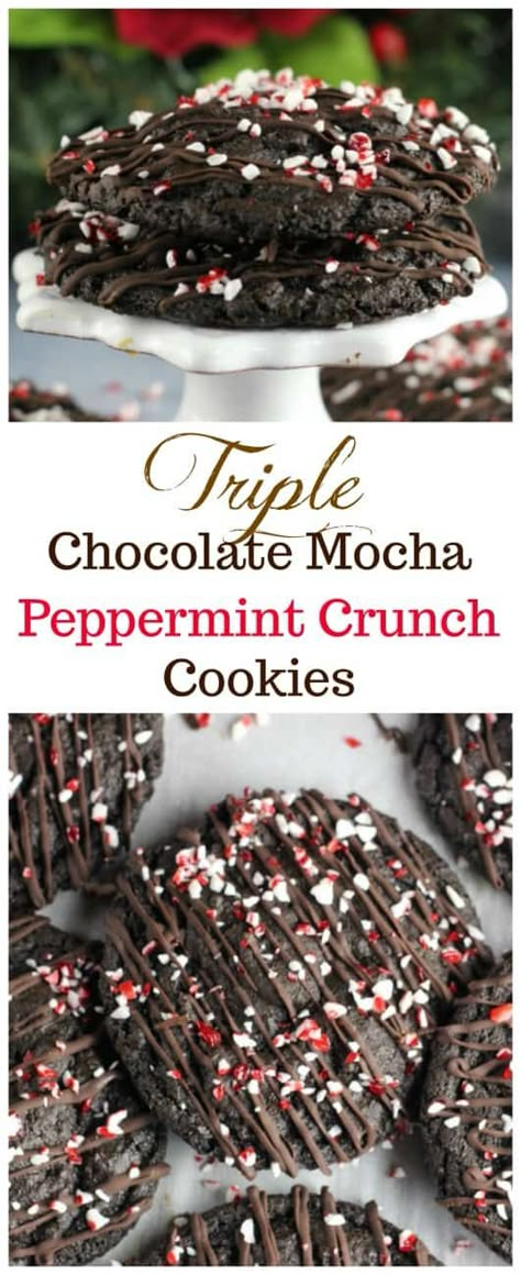 Triple Chocolate Mocha Peppermint Crunch Cookies - Rich, soft and chewy, fudgy Triple Chocolate Mocha Peppermint Crunch Cookies for the Christmas Holidays!  These are so festive, and that peppermint crunch on top is like a Christmas dream come true!   And let's not forget, there IS a hint of coffee to give it a delectable, rich chocolate mocha flavor! Peppermint Crunch Cookies, Peppermint Desserts, Peppermint Crunch, Crunch Cookies, Holiday Sweets, Chocolate Mocha, Christmas Cookie Exchange, Xmas Cake, Coffee Cookies