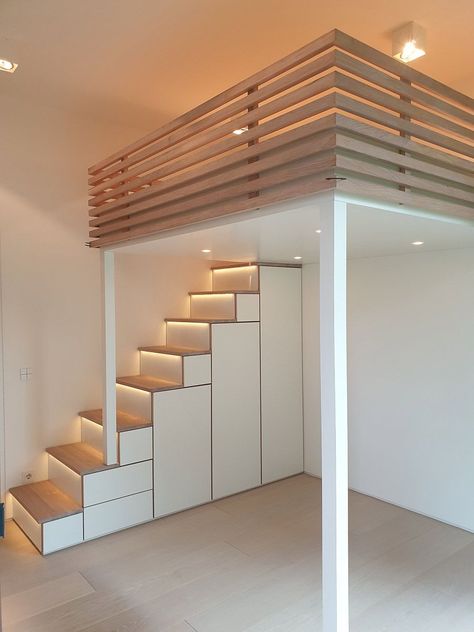 Mezzanine Stairs Space Saving, Loft Bed Safety Rail, Lofted Twin Bed Diy, Loft Bed Ideas With Stairs, Bed With Loft Above, Bed Loft Ideas, Two Loft Beds In One Room, Bunkbeds Design Small Room, Loft Bed Ideas For Kids