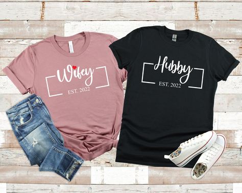 Excited to share the latest addition to my #etsy shop: Hubby Wifey Matching Couple Shirts, Mr Mrs Tshirt 2022, Just Married Tshirt, Honeymoon Tshirt, Anniversary Gift for Wife Husband https://etsy.me/3wfC6qh #black #wedding #halloween #pink #solid #streetwear #shortsle Couple Tshirts Unique Wedding, Wedding Anniversary Tshirt Ideas, Couple Tshirts Unique, Couple T Shirt Design, Valentine Couple, San Valentine, Halloween Pink, Valentine Gift For Wife, Wedding Halloween