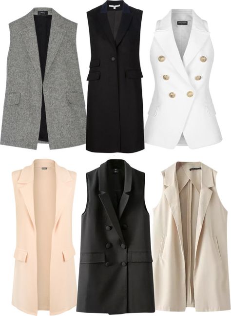 Sleeveless Blazer Vest Outfit, Best Interview Outfits, Long Blazers, Long Waistcoat, Interview Outfits Women, Sleeveless Coat, Sleeveless Blazer, Long Vest, Long Vests