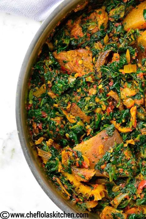 Close up picture of the African stewed spinach Stewed Spinach, African Spinach, Ghana Recipes, African Soups, Nigerian Soups, Blanched Spinach, Naija Food, Efo Riro, Cultural Dishes