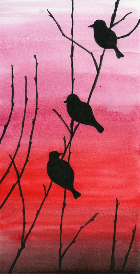 Silhouette Art Acrylic, Silohette Artwork Easy, Simple Bird Painting, Cool Silhouette Art, Bird Silhouette Painting, Easy Bird Painting, Paint Silhouette, Silhouette Paintings, Bird Silhouette Art