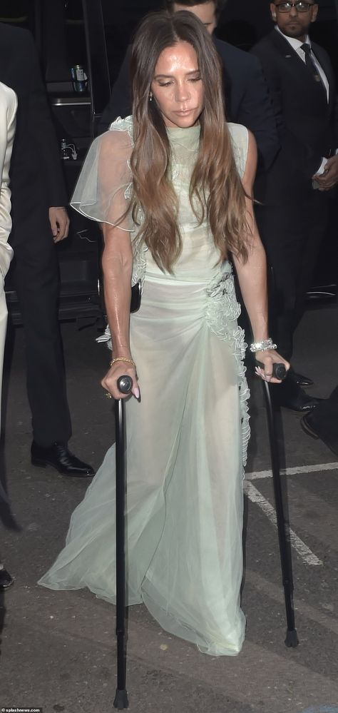 Victoria Beckham looked sensational as she arrived at her star-studded 50th birthday bash ... Private Members Club, White Satin Dress, Members Club, Quince Dresses Red, Glamour World, Sheer Gown, Beaded Cocktail Dress, Summer Dresses For Wedding Guest, Green Gown